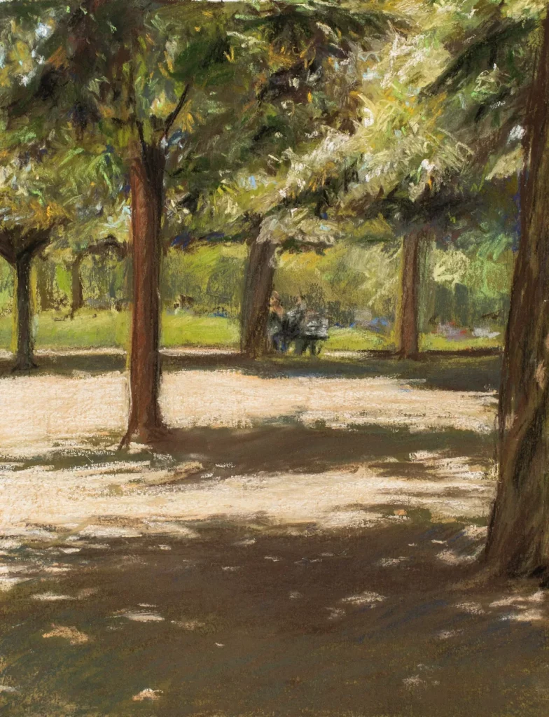 À l’ombre du parc de la Tête d’Or, 2024, pastel, 22.8 x 29.7 cm, 350€ (encadré)
