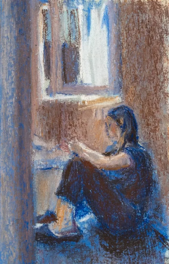 Au coin de la fenêtre (étude), 2024, pastel, 8.4 x 14.4 cm