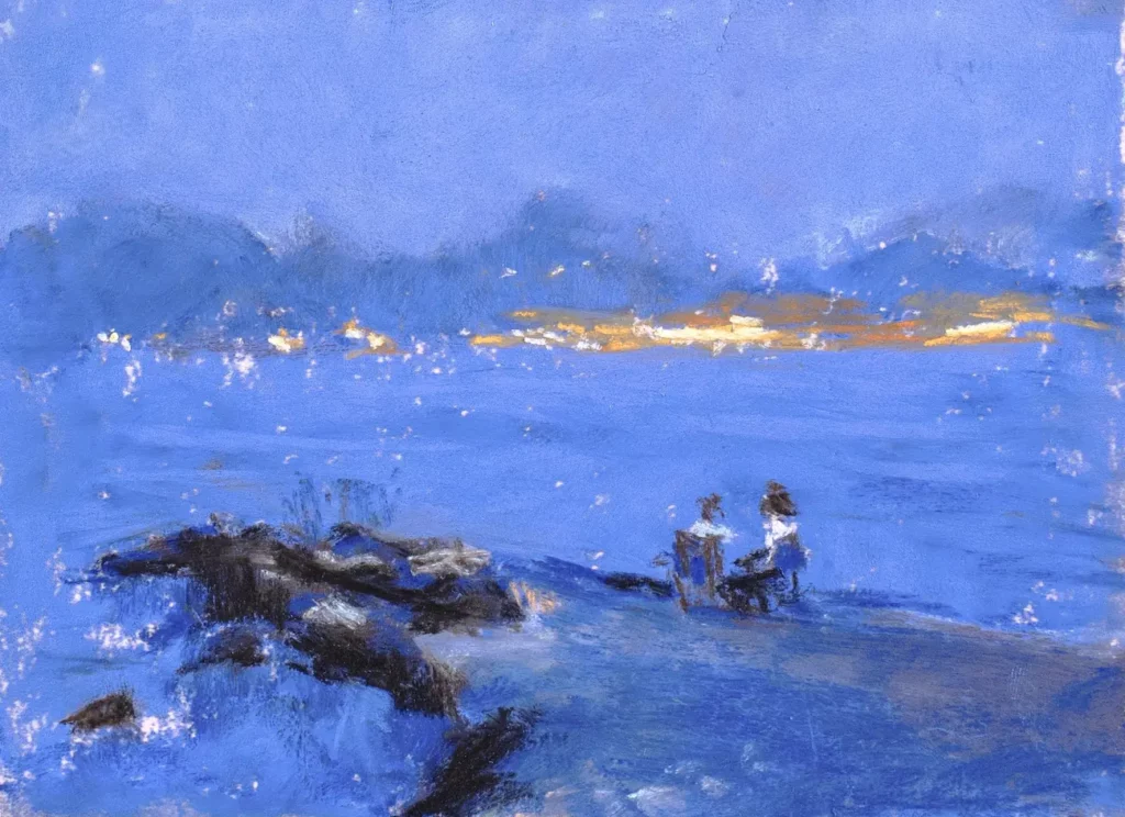 Rive du lac Léman, 2024, pastel, 16.4 x 11.9 cm, VENDU