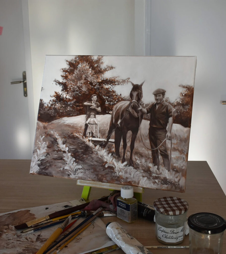 Portrait de famille paysanne, 50×40 cm, 2024, huile sur toile, VENDU